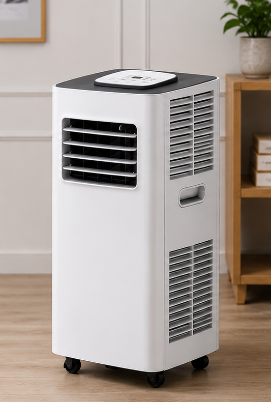 A portable window air conditioner with wheels, featuring a white body, black vents, and a black top lid, shown in a bright room setting.