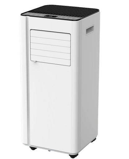 A portable white and black air conditioner or heater with wheels, shown from a three-quarter angle on a white background.