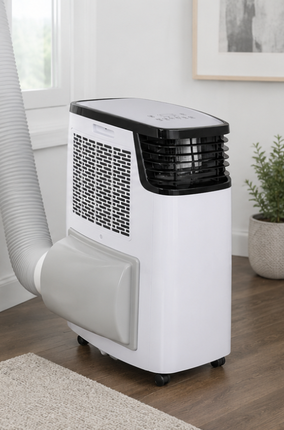 A portable window air conditioner with a white body, black top grille, and gray flexible duct, shown on a wooden floor in a room setting.