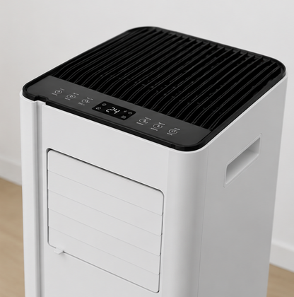 A white and black portable air conditioner or dehumidifier shown in a clean indoor setting with a light wall and wooden floor.