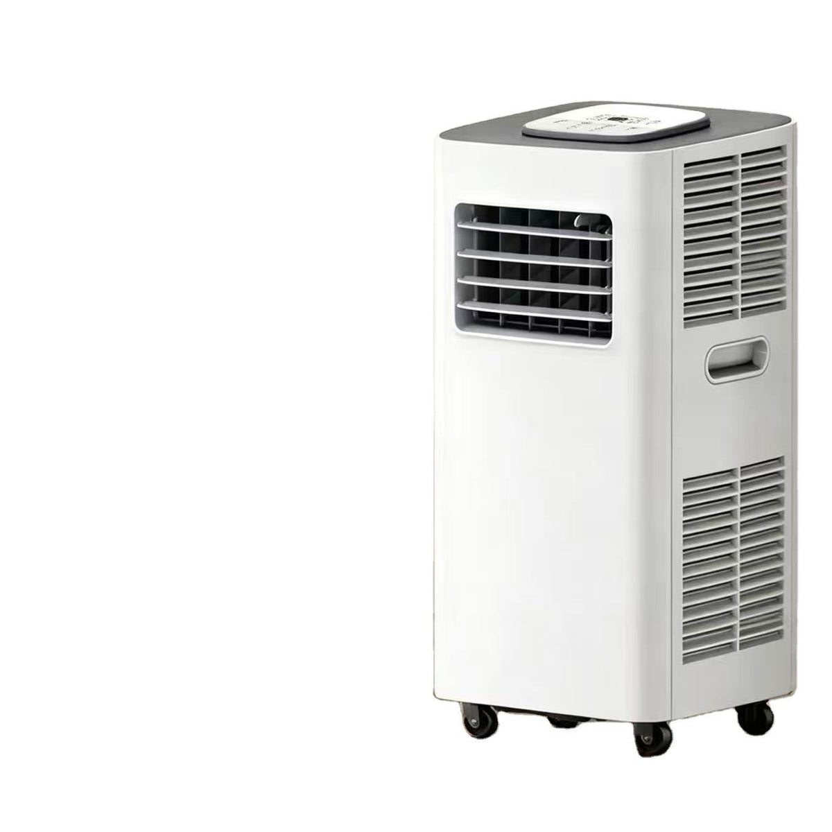 A portable window air conditioner and heater with a white body, gray top panel, and black caster wheels, shown on a plain white background.