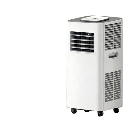 A portable window air conditioner and heater with a white body, gray top panel, and black caster wheels, shown on a plain white background.