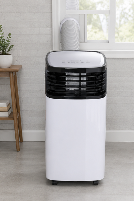 A portable window air conditioner with a white body and black front grille, shown standing on a light gray floor in a room setting with a window and small wooden side table.