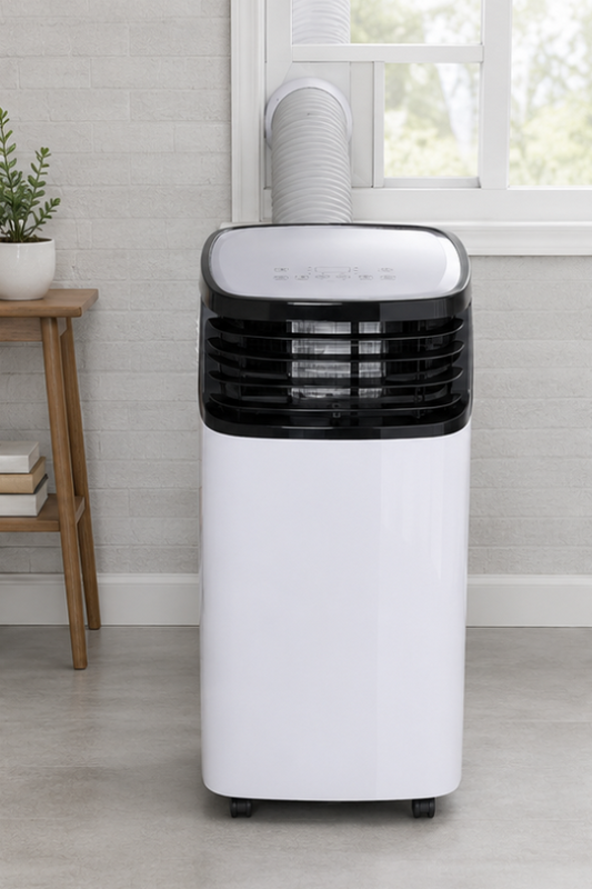 A portable window air conditioner with a white body and black front grille, shown standing on a light gray floor in a room setting with a window and small wooden side table.