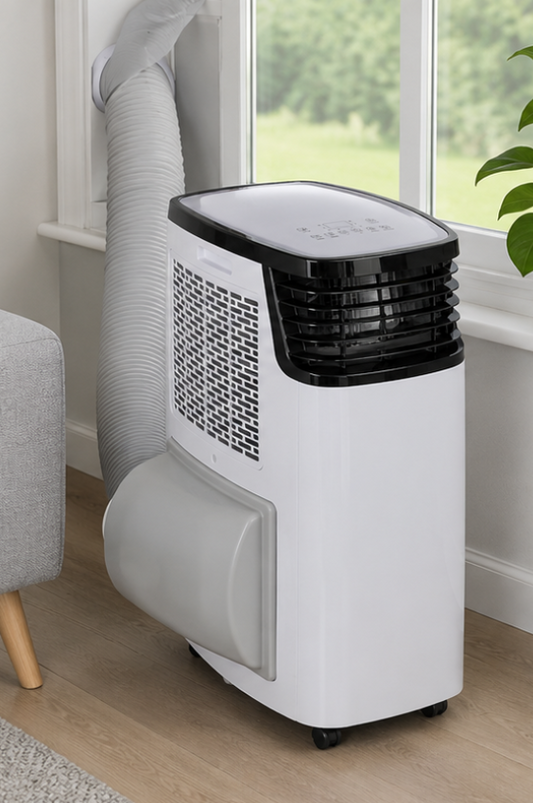 A portable window air conditioner with a white body, black top grille, and gray flexible duct, shown next to a window in a room with light wood floors.