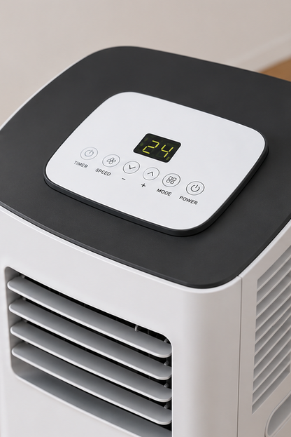 Close-up of a portable air conditioner or heater showing the top control panel with a digital display and buttons, set against a clean indoor background.
