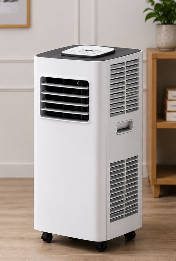 A portable window air conditioner with wheels, featuring a white body, black vents, and a black top lid, shown in a bright room setting.