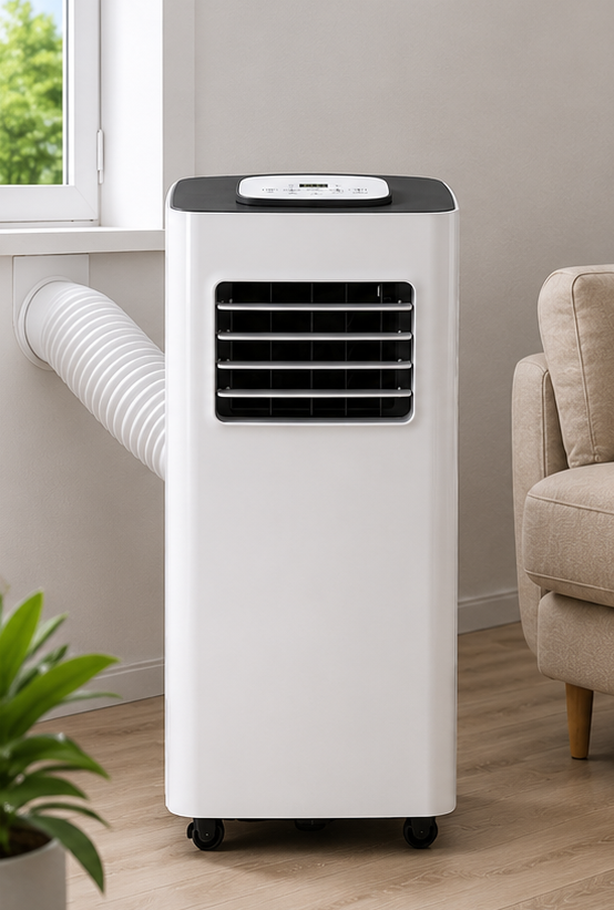 A white portable air conditioner with a flexible white hose connected to a window, shown in a living room setting next to a beige armchair and a potted plant.