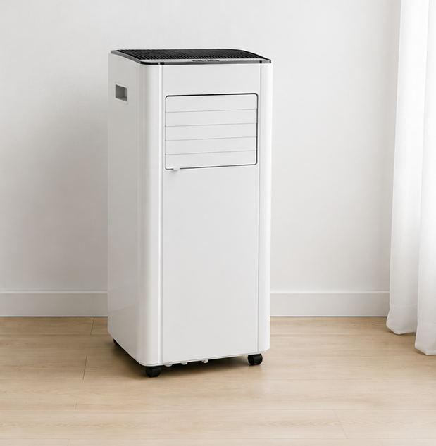 A white portable air conditioner with a black top grille and black caster wheels, standing on a light wood floor against a white wall.