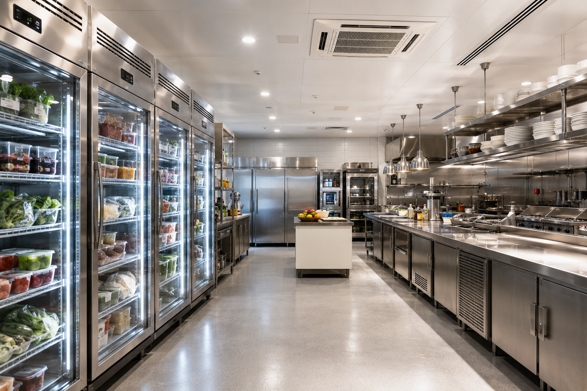 A wide, bright commercial kitchen interior with stainless steel refrigerator units on the left, prep and cooking stations on the right, a central island, and polished floors.